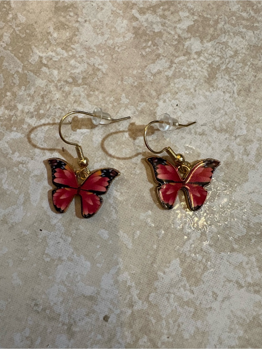 Pink Butterfly Dangle Earrings - Gold Tone